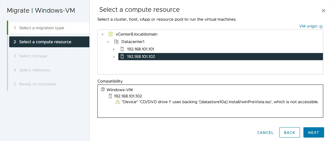 Selecting a compute resource for running a VM after migration