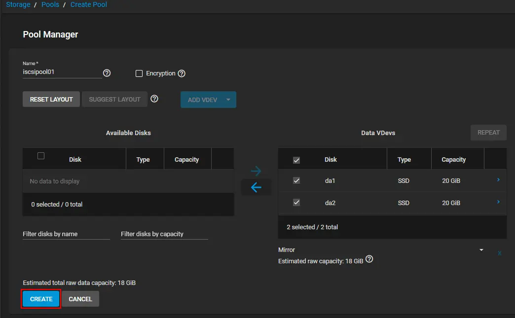 Selecting disks for a new storage pool in TrueNAS Core