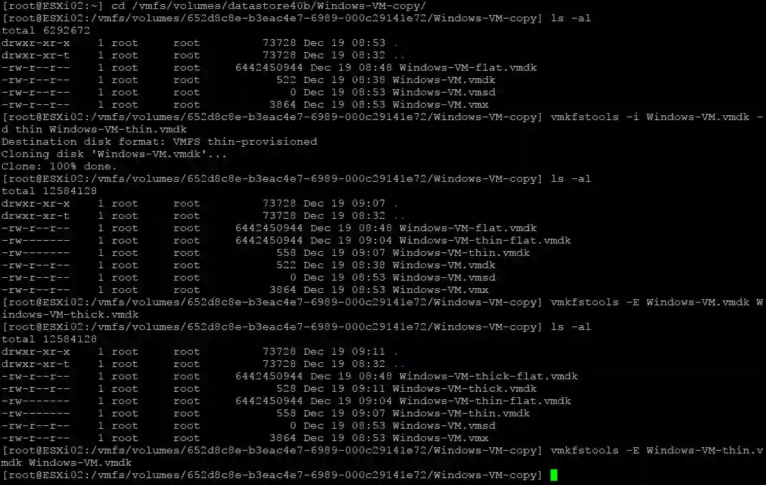 Using vmkfstools to convert a thick disk to the thin format after VM migration