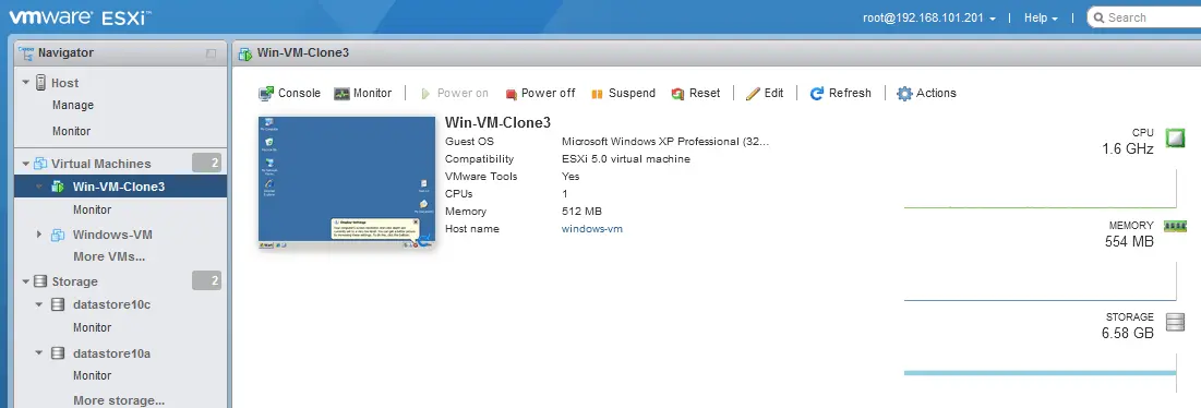 A VM clone created by using a new VM has been started successfully