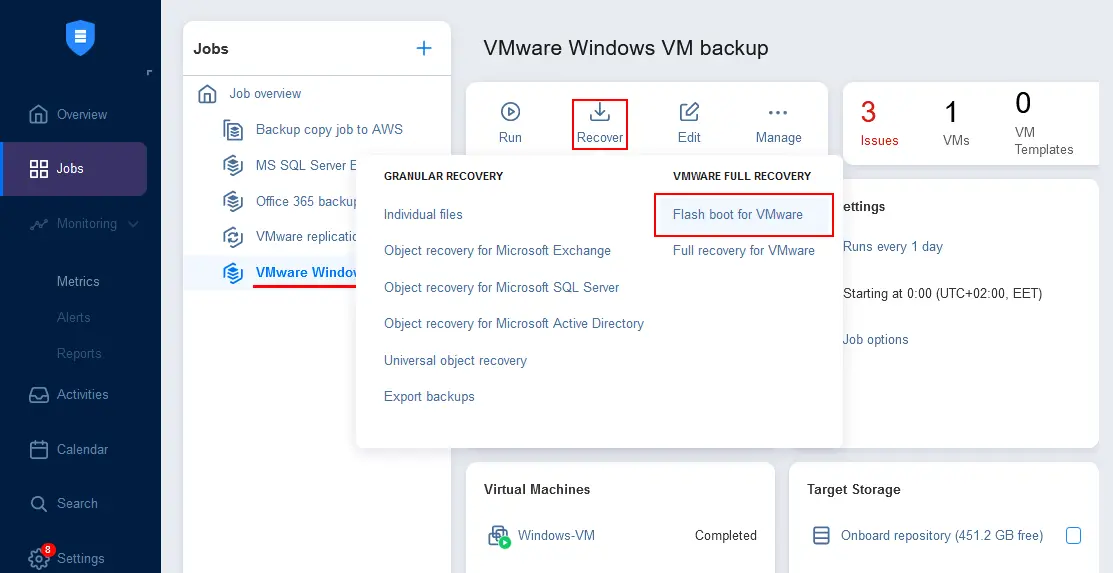 Adición de un nuevo job Flash VM Boot para una VMware VM