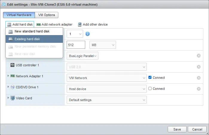 Adding an existing virtual disk that was copied from the original VM directory