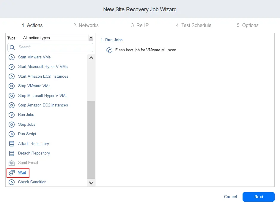 Adding the Wait action as the second action in the site recovery job