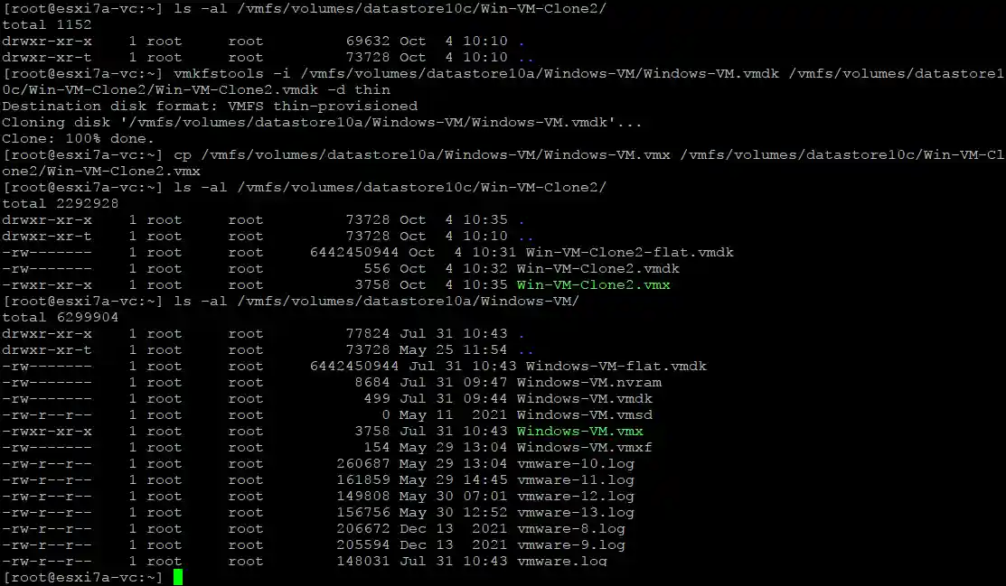 Copying VM files to create a VM clone on an ESXi host in the command line