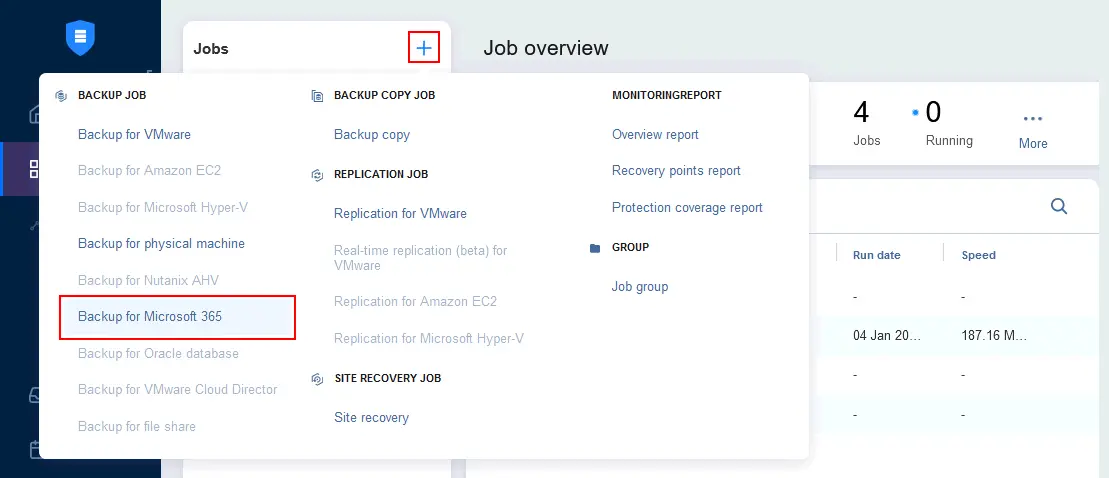 Crear un nuevo job de backup de Microsoft 365 en NAKIVO Backup & Replication