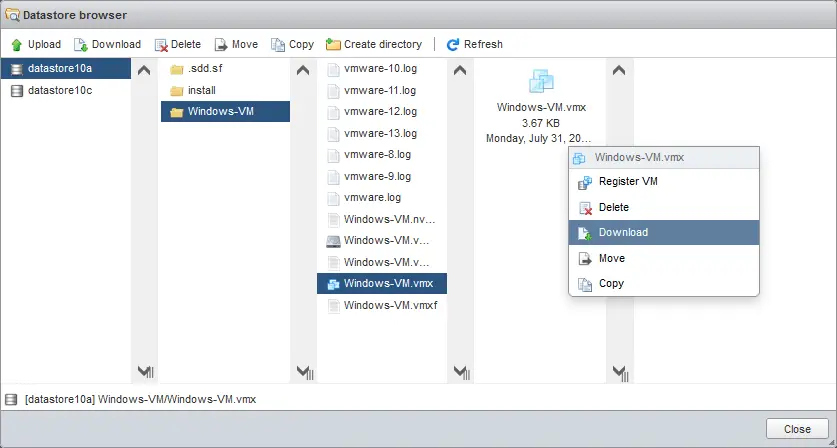 Descarga de un archivo VMX de configuración de la VM original