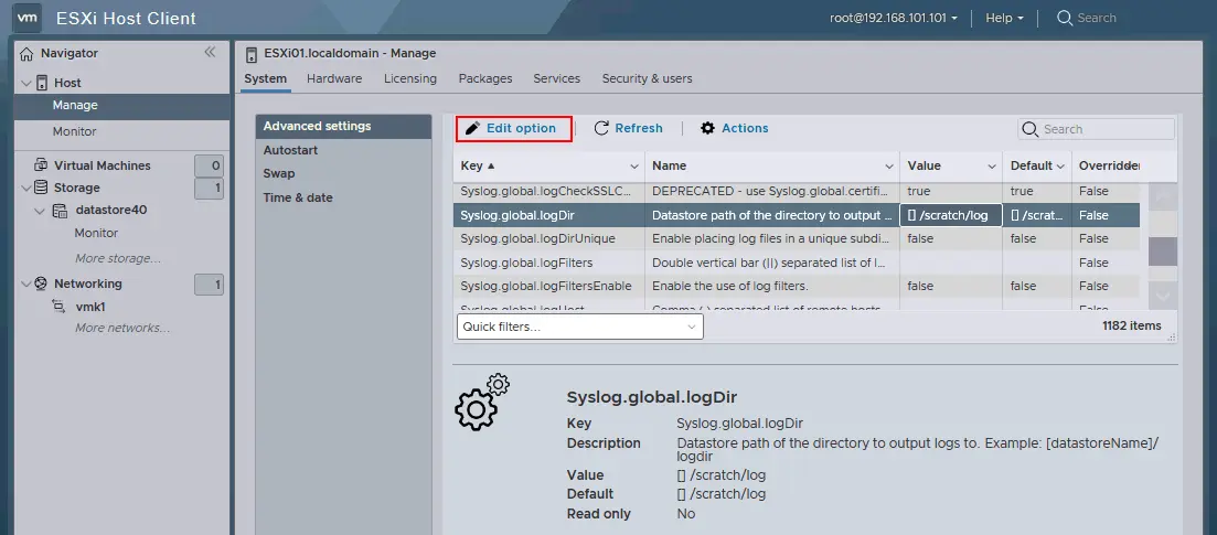 How to change ESXi log file location in VMware Host Client