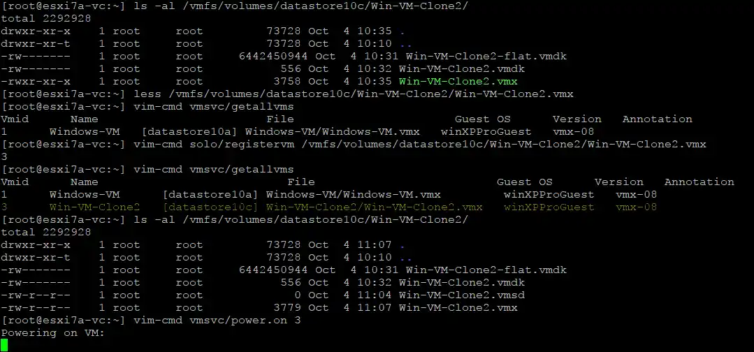 Registering and starting a VM clone on an ESXi host in the command line without vCenter