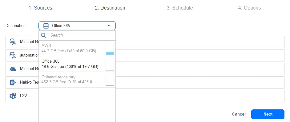 Selección de un repositorio de backups para almacenar los backups de Microsoft 365