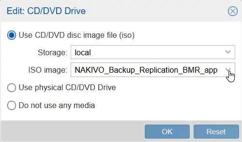 Selecting a bootable ISO image for full data recovery with NAKIVO