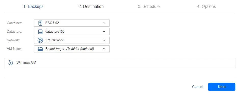 Selección de un host ESXi de destino para ejecutar una máquina virtual temporal