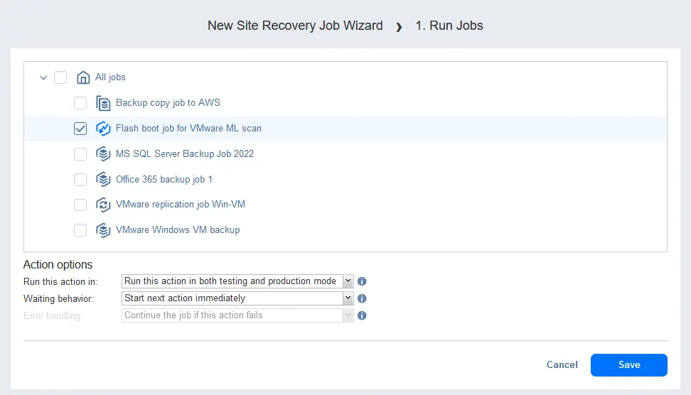 Selecting a Flash VM boot job to run as the first action in the site recovery job