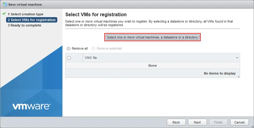 Selecting a VMX configuration file of the VM clone to register the VM on an ESXi host