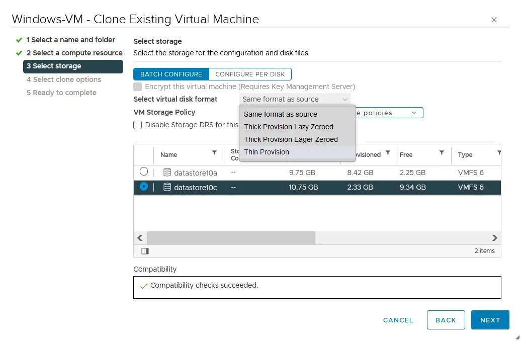 Selecting the destination datastore and a virtual disk format for a VM clone