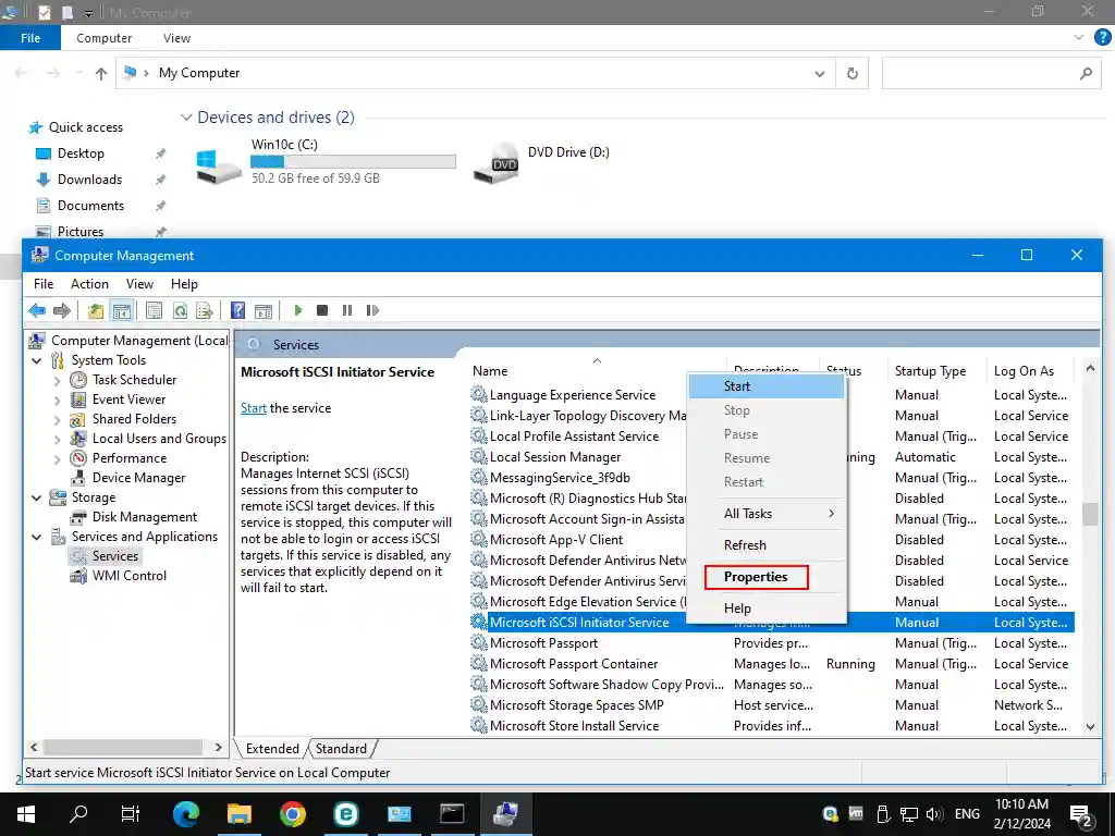 Starting the iSCSI initiator service on the scan server (Windows 10)