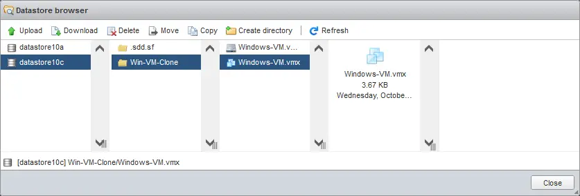 El archivo VMX editado se ha copiado en el directorio de clones VM del almacén de datos ESXi.