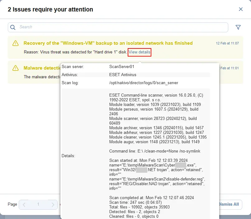 The report of malware scan of the backup in NAKIVO Backup & Replication