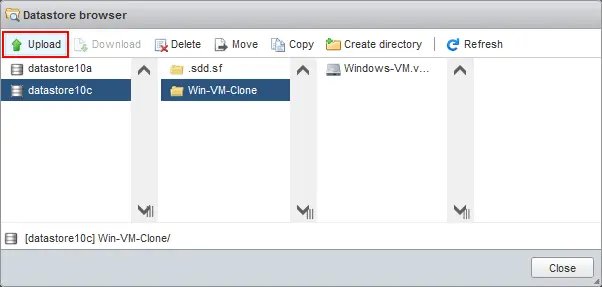 Uploading the edited VMX file to the folder of a VM clone on an ESXi host