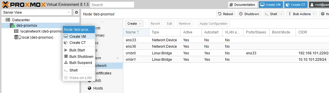 La red NAT se muestra en la interfaz web de Proxmox