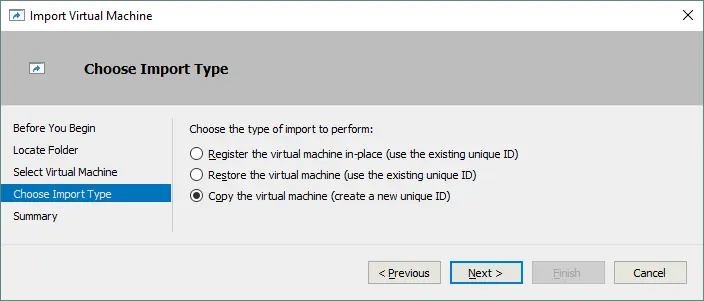 Elegir el tipo de importación de VM