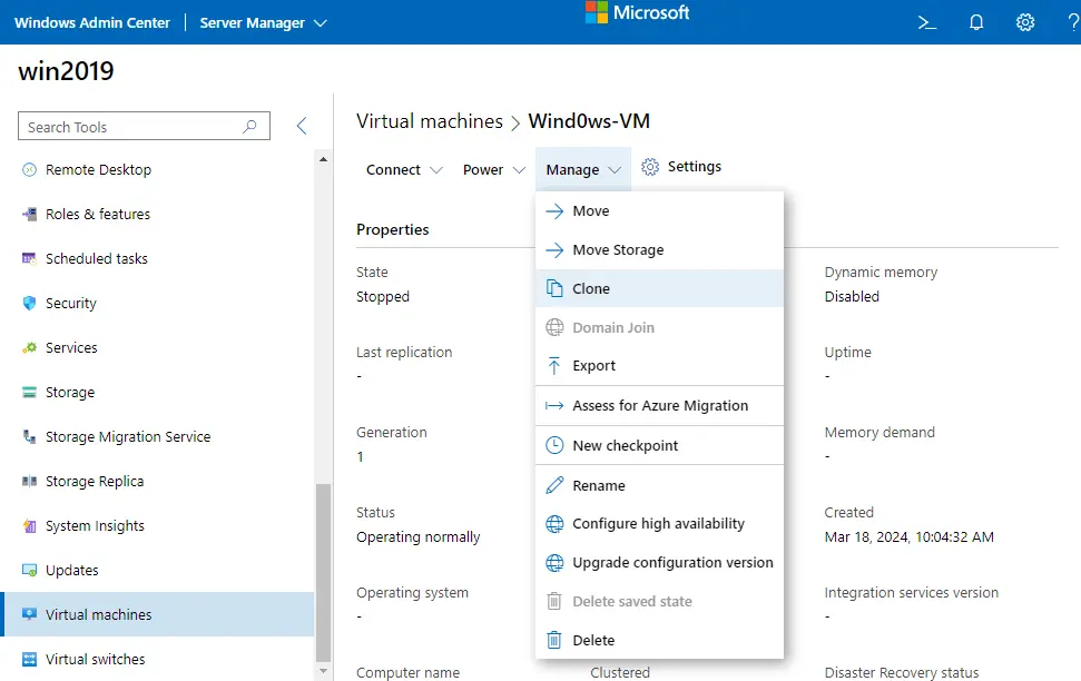 How to clone a Hyper V VM in Windows Admin Center
