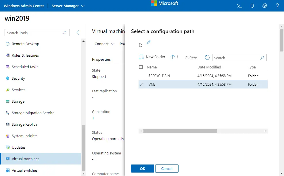 Selecting a path for a Hyper-V VM clone in Windows Admin Center