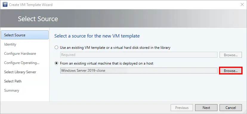 Selecting a source Hyper-V VM clone to create a VM template