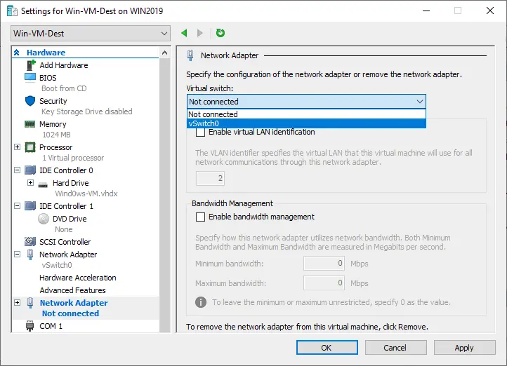 Selección de un conmutador virtual para conectar el adaptador de red virtual