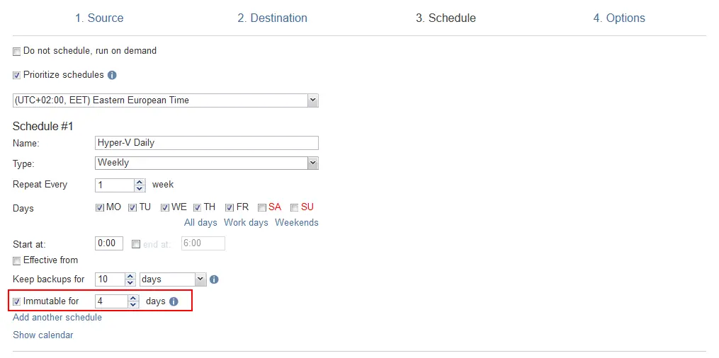 Setting up the backup immutability for a backup job in scheduling and retention