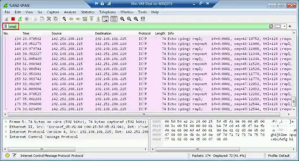 Uso de un Filtrar para el protocolo ICMP en Wireshark