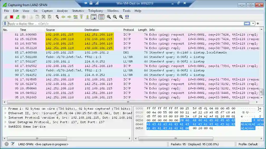Uso de Wireshark para el análisis del tráfico después de configurar la duplicación de puertos Hyper-V