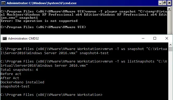 Snapshots are not available in VMware Player if using the CLI