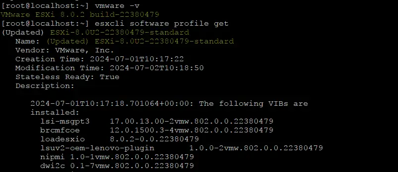 Comprobación de la versión de ESXi y de la versión del perfil después de la actualización