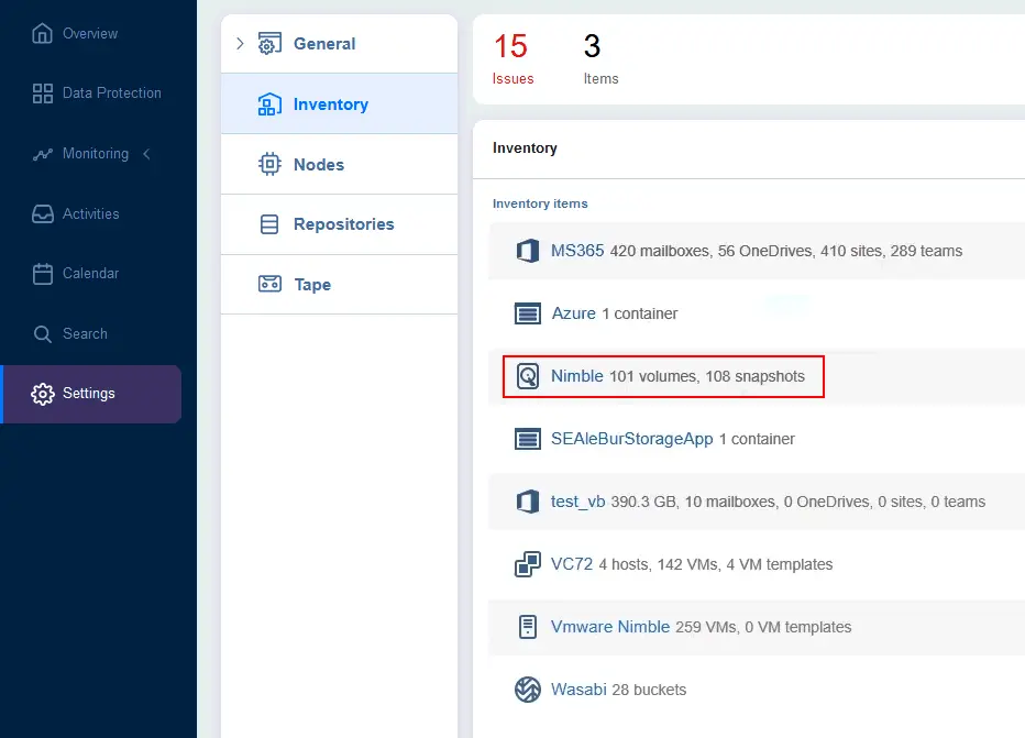 Nimble has been added to the inventory with 101 volumes