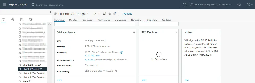 The source VM is powered off in VMware vSphere and the note is added
