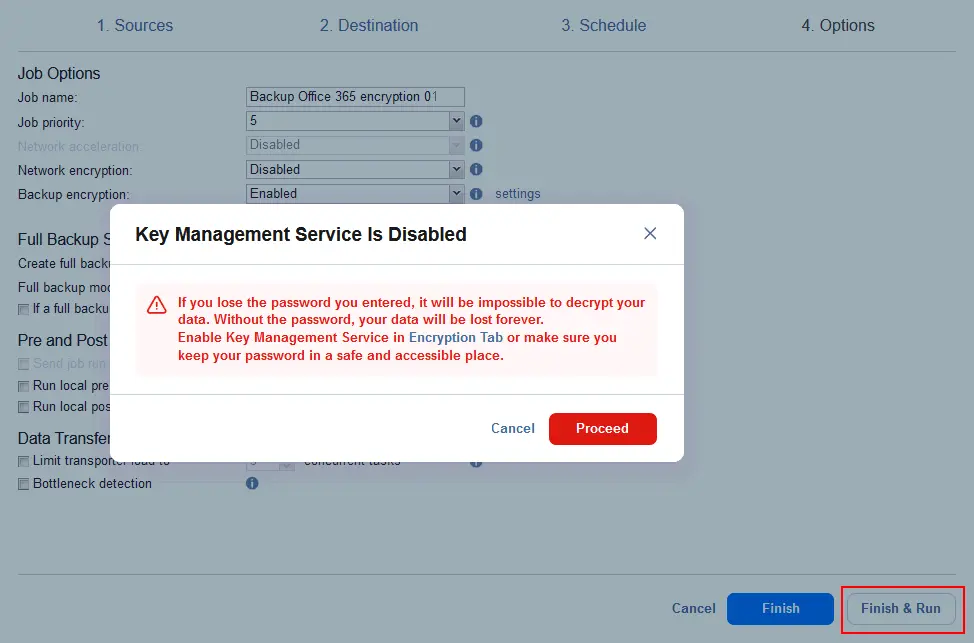 A notification message warns you that you should not lose your encryption password