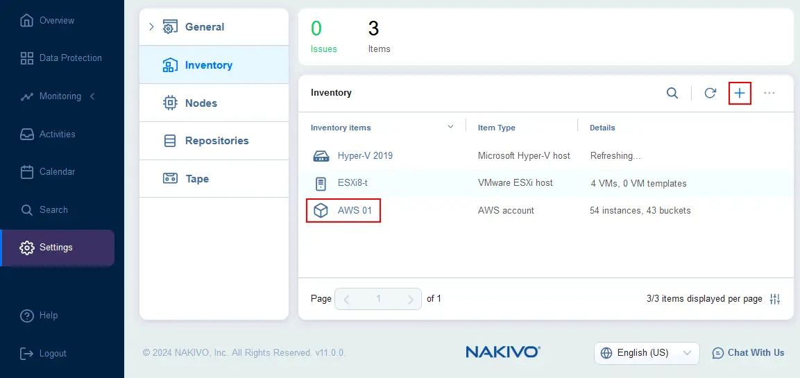 Adding the next item to the inventory after adding the AWS account