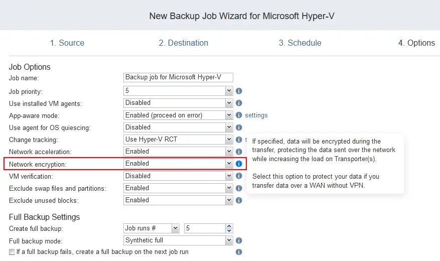 Habilitación del cifrado de la red para transferir los datos de backup a un repositorio de backups.
