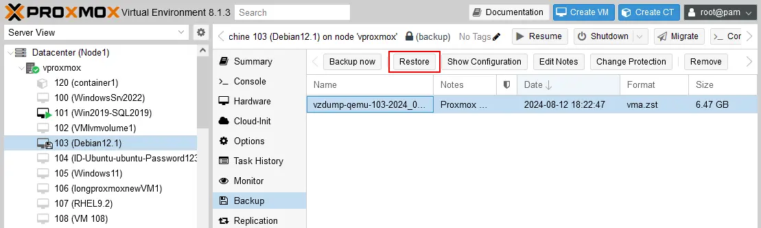 How to restore a VM from a native Proxmox backup