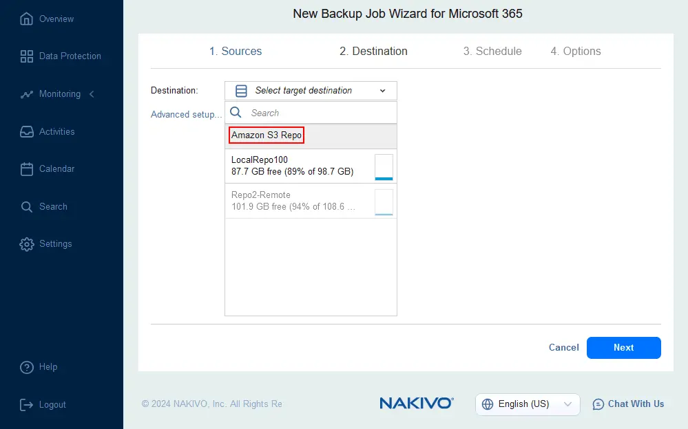 Selecting a backup repository in Amazon S3 as a destination