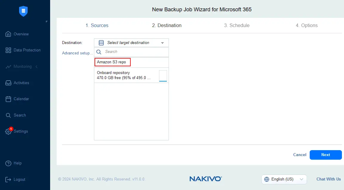 Selecting a backup repository stored in an Amazon S3 bucket