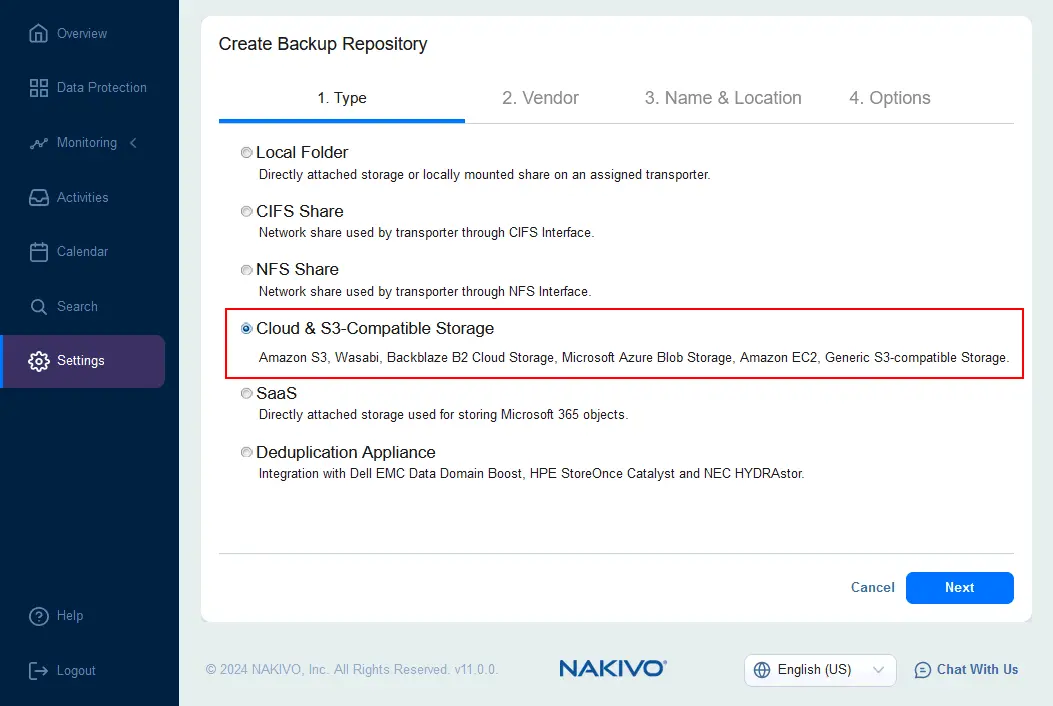 Selecting Cloud & S3-Compatible Storage as a backup repository type