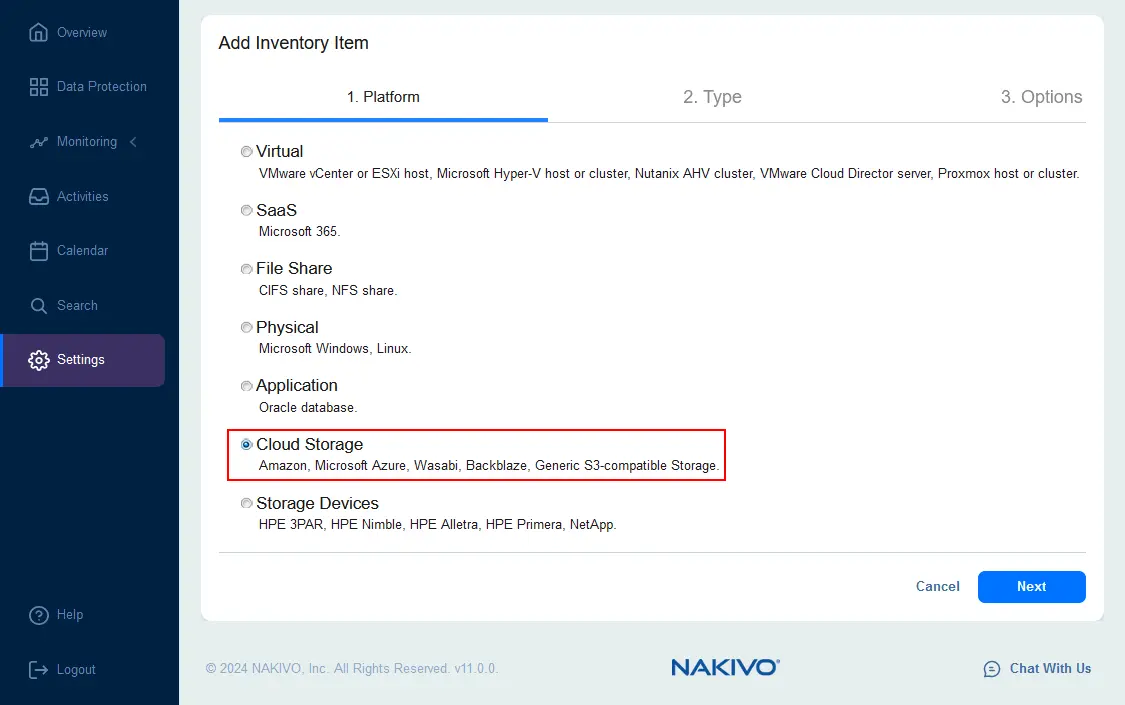 Selecting Cloud Storage to add an AWS account to the inventory
