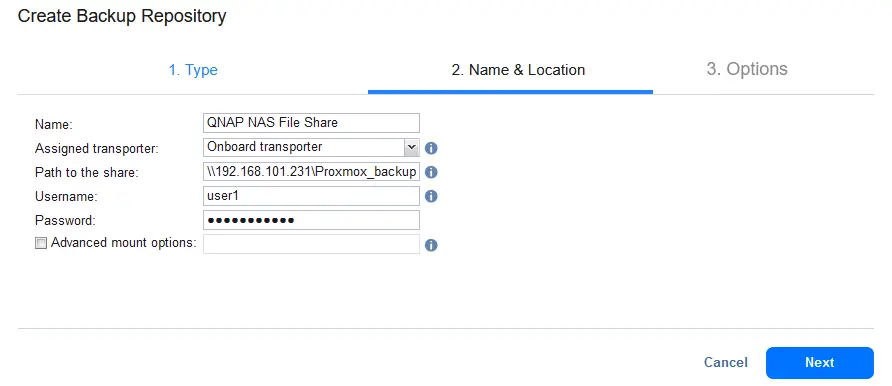 Specifying a name and location for the remote backup repository