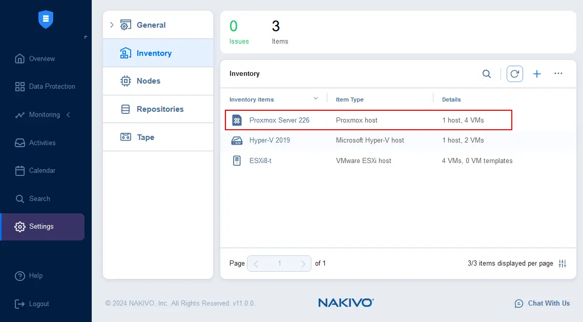 A Proxmox host with VMs is added to the inventory