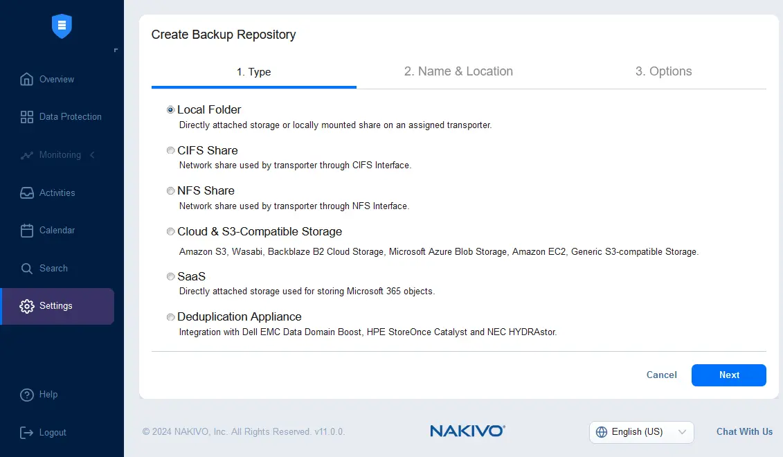 Seleccionar un tipo de repositorio de backups