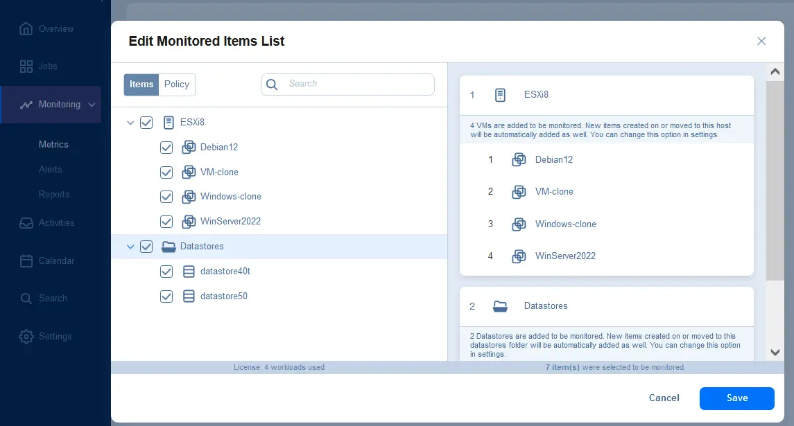 Selecting ESXi hosts, VMs and datastores for IT infrastructure monitoring