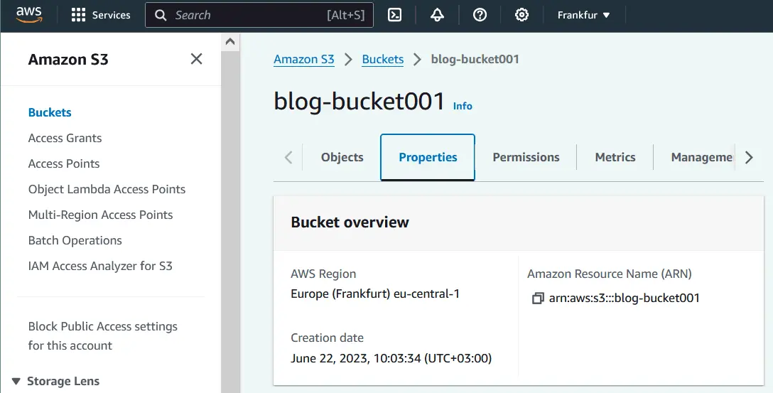 Propiedades del bucket de Amazon S3