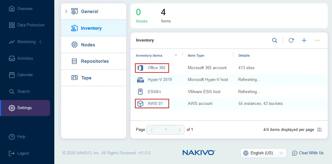 Las cuentas de AWS y Microsoft 365 se añaden al inventario.