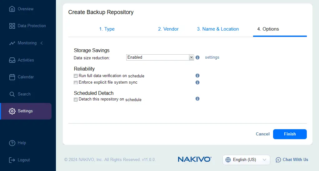 Opciones de los repositorios de backups